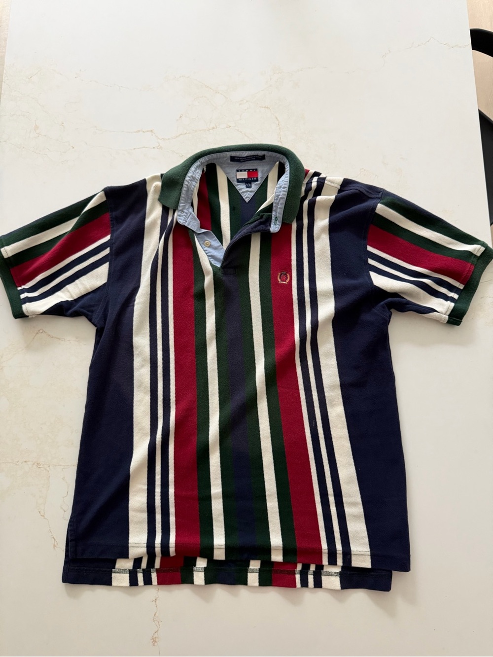 Vintage Tommy Hilfiger Vertical Stripe Polo in Navy, Green & Burgundy